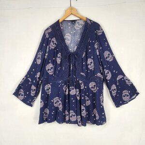 Torrid Babydoll Gauze Crochet Trim Women's 2X Blouse Floral Skull Boho Blue Top